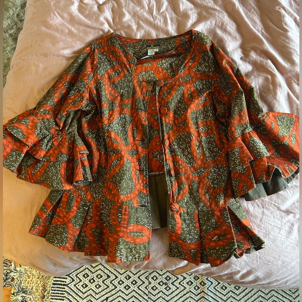 African Experience Flutter Sleeve Orange and Tan Print Jacket Sz 20
